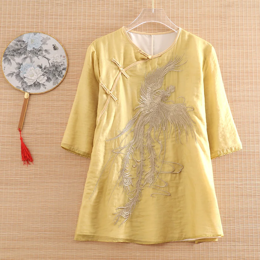 

High-end Spring Summer Chinese Style Embroidery Phoenix Organza Blouse Shirt Women Fashion Elegant Loose lady Shirt Top S-XXL