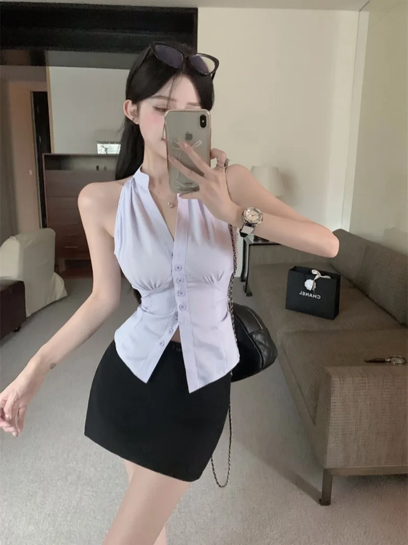 

Pure Desire Sweet Spicy Sleeveless Neck Hanging Waist Shirt Women's Design Summer Sexy V-neck Top Black Bodycon Skirt