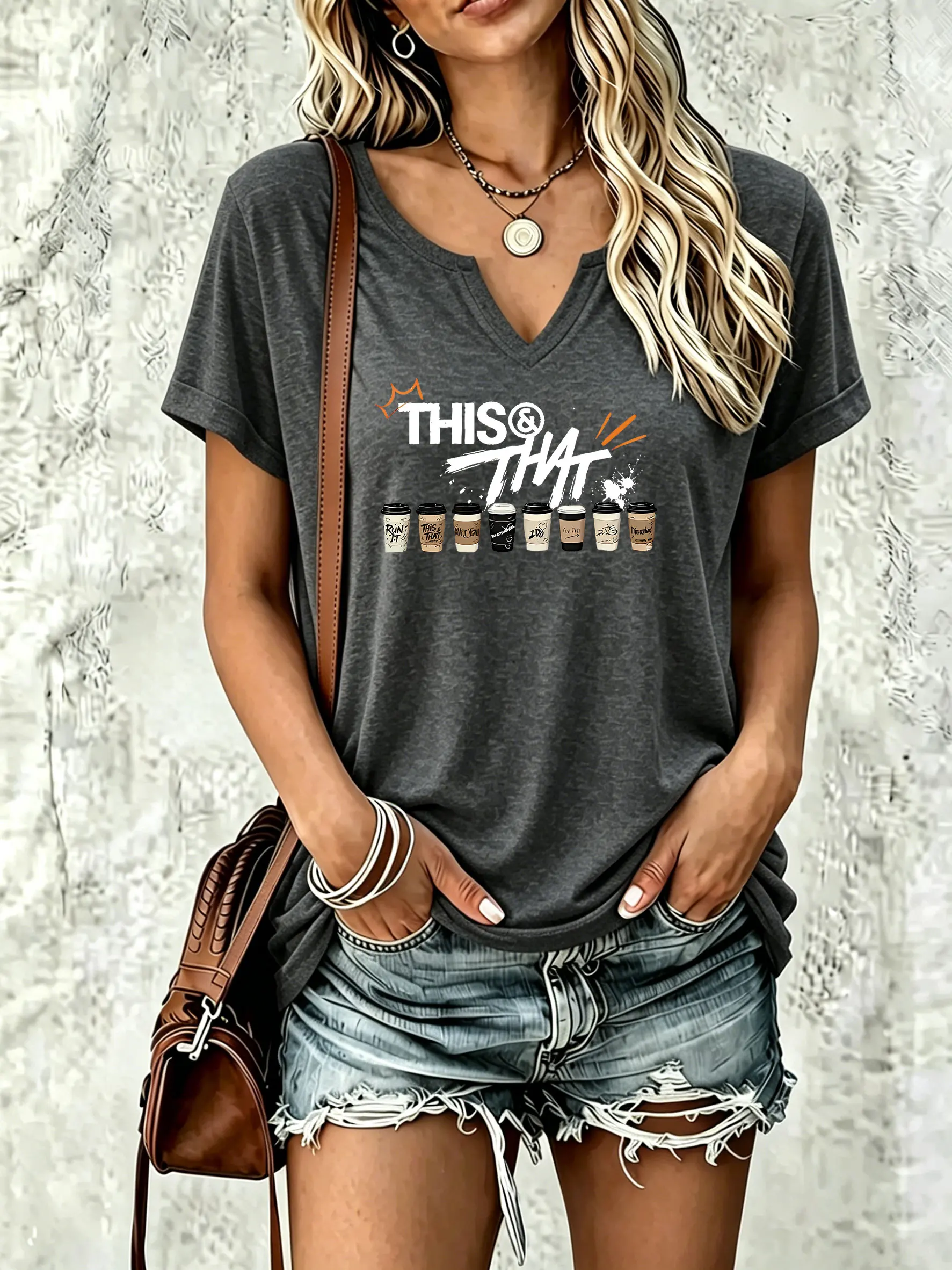 Women's V‑Neck Short Sleeve T‑Shirt, Coffee Cup Collection Print with Splash Graffiti Decor Casual Summer Tee