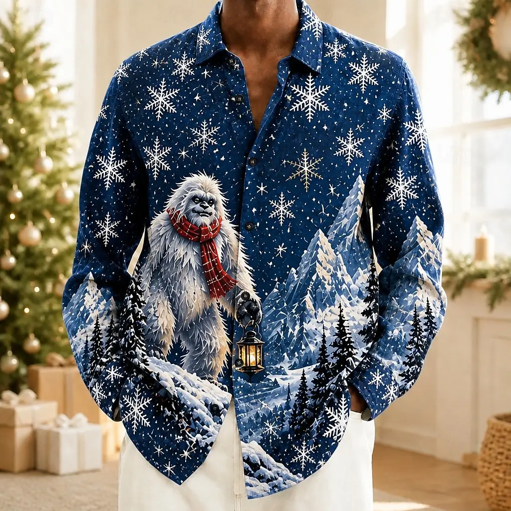 Snow Mountain Christmas Print Shirt, Men Snowflake Long Sleeve Button Up Shirt, Winter Holiday Party Casual Shirt