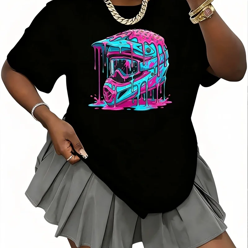 Otocross Helmet Drip Melt Graphic Women's 100% Cotton T-Shirt Short Sleeve Top Casual Round Neck Fun Print Tee S-5Xl