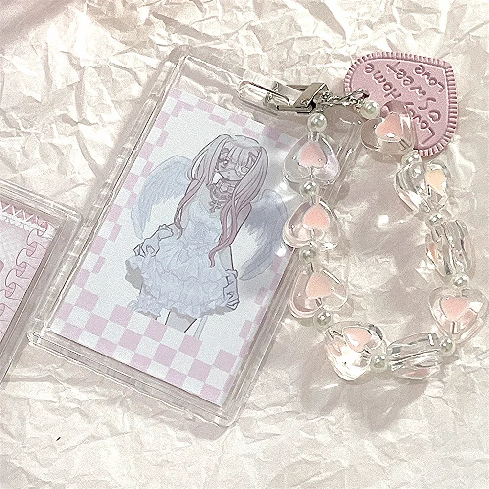 

1Pc Lovey Pink Sweetheart Transparent Acrylic Hard Card Holder with Heart Beaded Lanyard Cute Girl ID Bus Card Photocard Shell