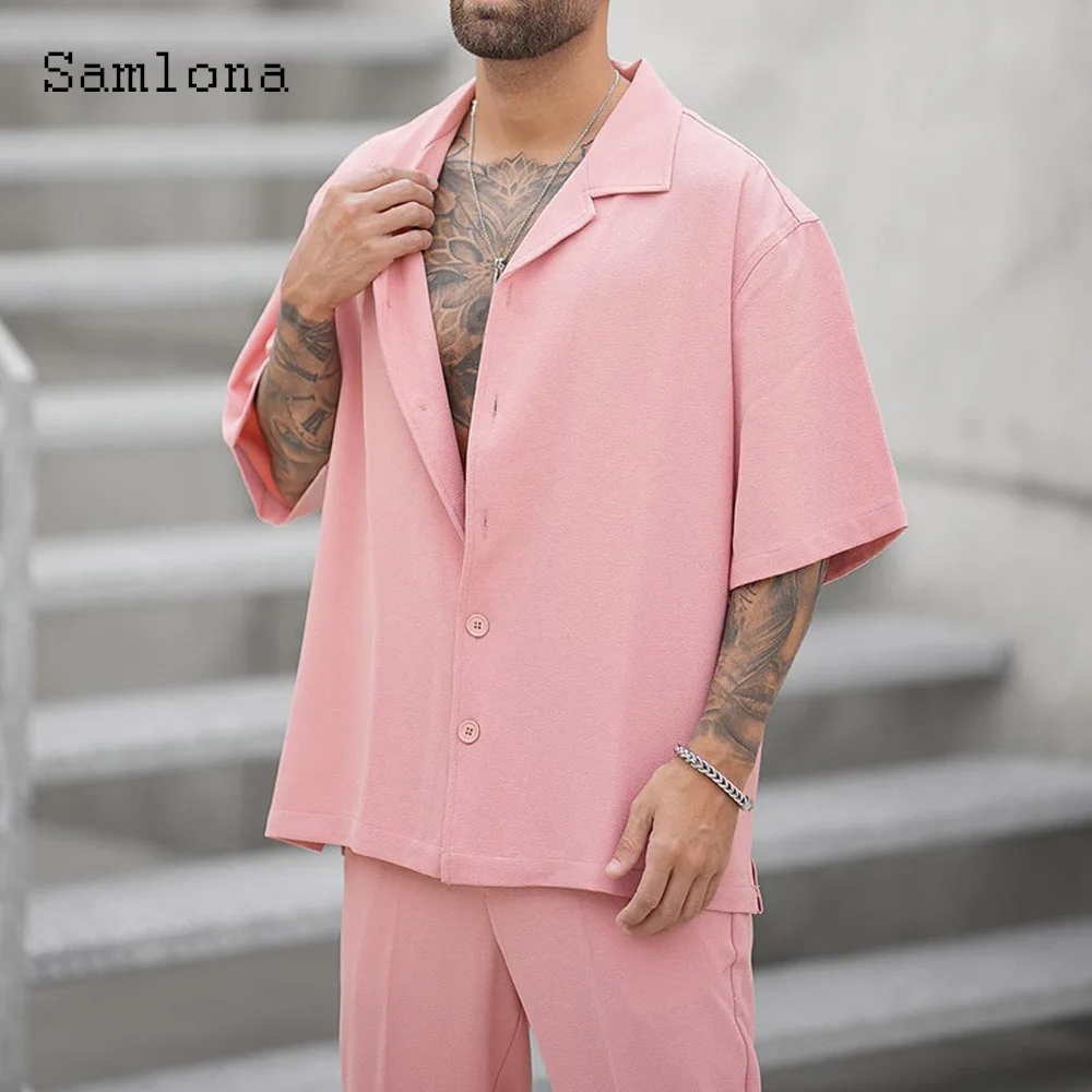 Samlona Plus Size Mens Casual Beach Tracksuit Sets 2024 European Style Two Piece Set Men Vintage Basic Tops and Solid Pants Suit