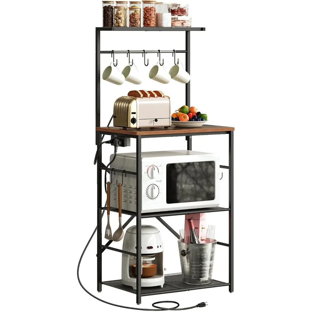 

Кухонная полка для пекарей с розеткой, 4-уровневая подставка для микроволновой печи, стол для хранения и журнального бара с 9 S-образными крючками