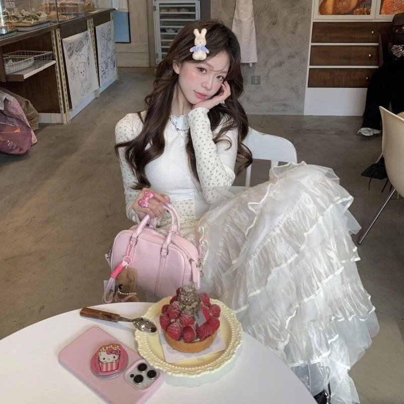 

Korean Style Layered T-Shirt Top Women Spring Autumn Sweet Lace Cake Skirt Two Piece Set Asymmetrical Ruffle Casual Polyester...