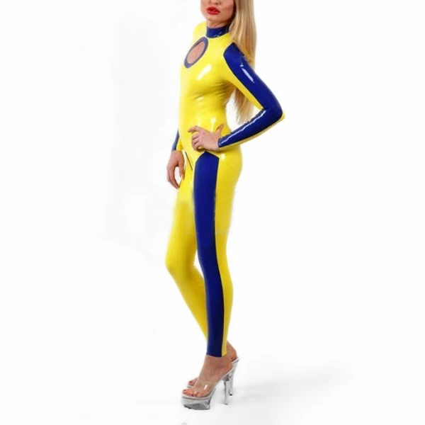 

Sexy Yellow And Blue Jumpsuit Open Breast Bodysuit Adult Latex Rubber Catsuit For Men And Women Unisex Jumpsuit Back Crotch Zip