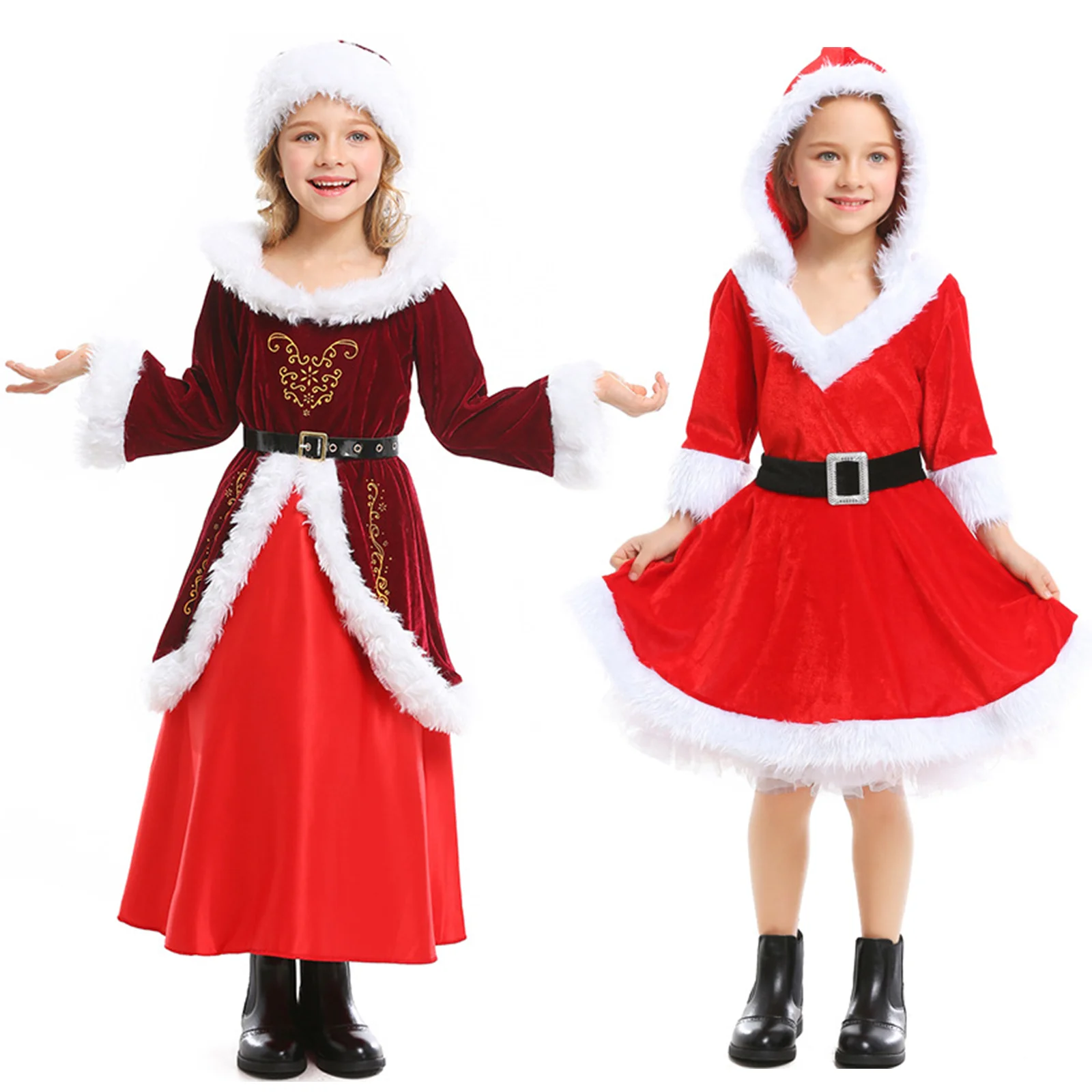 

Deluxe Girls Miss Santa Claus Costume Christmas Red Dress Hooded Velvet XMAS Long Sleeves Dress Halloween New Year Fancy Dress