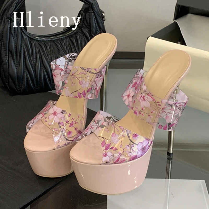 

Hlieny/летние женские шлепанцы из ПВХ с прозрачным принтом, модные женские туфли-лодочки на платформе с открытым носком для ночного клуба, выпускного вечера, вечерние женские туфли-лодочки на тонком каблуке