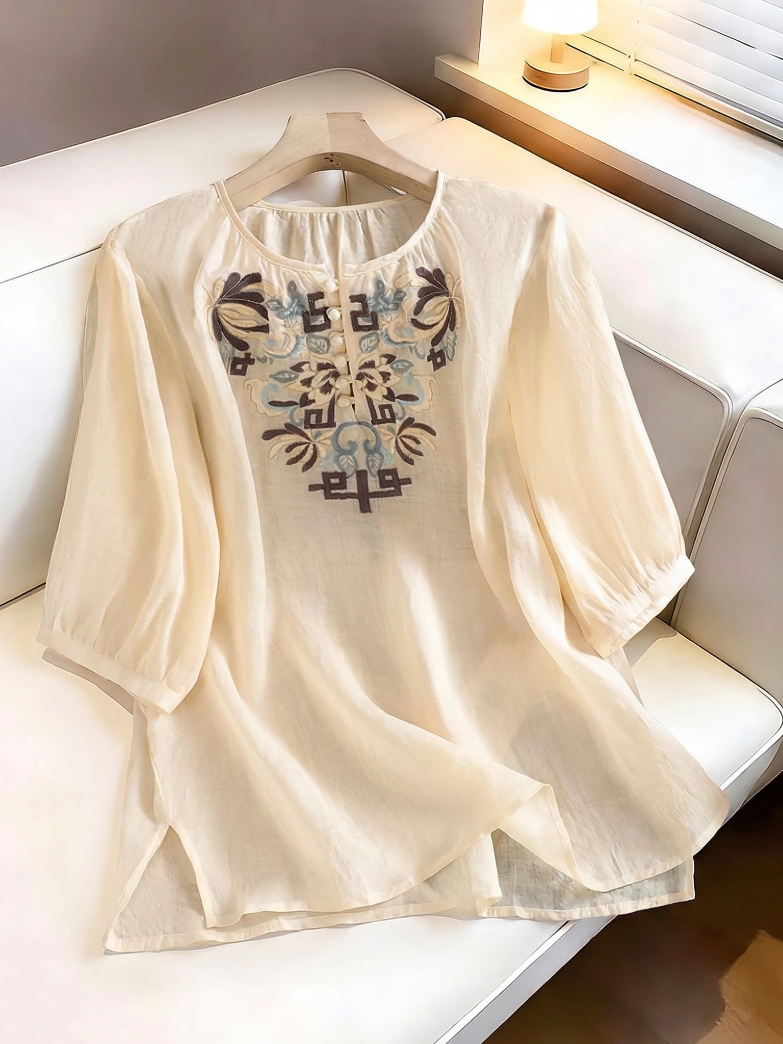 

New Chinese Style Embroidered Chiffon Short Sleeve Shirt Women's Spring Summer Cotton Linen Thin Cotton Shoulder Top