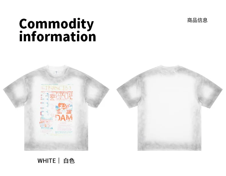 SUPER WAY Tshirts Heavyweight Gradient Washed Newspaper Print American High Street Loose T-Shirt F620