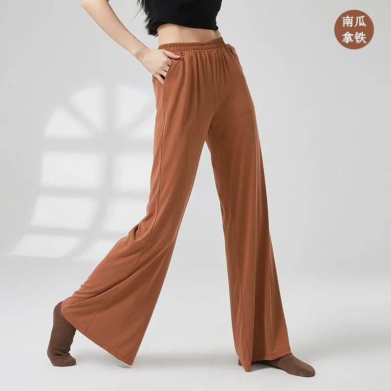 女性の春の新作クラシックダンスパンツ、時代を超越したスタイル、ストレートワイドレッグ、ポケット付き、大人のフィギュアトレーニング用トラウザーズ