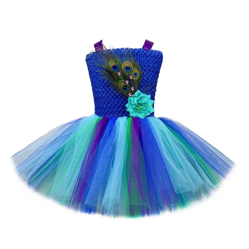 Peacock Princess Dress for Girls Birthday Carnival Party Halloween Costume Flower Feathers Baby Kids Fancy Tutu Dress Vestidos