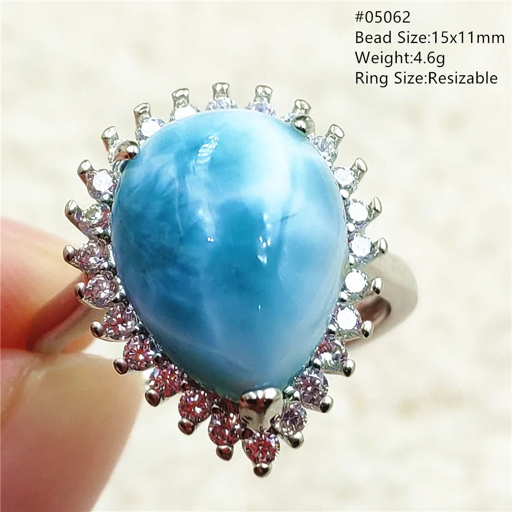 Natural Blue Larimar Adjustable Ring 925 Sterling Silver Larimar Gemstone Women Men Water Pattern AAAAA