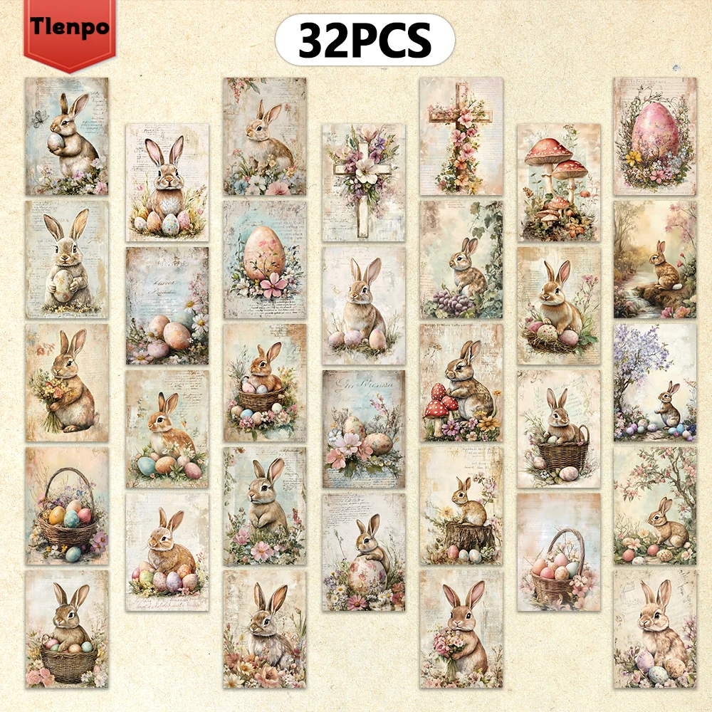 32pcs, vintage Easter postcards, bunnies, indoor bedroom decor, wall stickers, message cards, mailing, congratulatory keepsakes