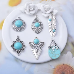 10pcs Antique Silver Color Alloy Imitation turquoise stone Sun Flower Square  Earrings  Charms Jewelry Dreamcatcher Pendants