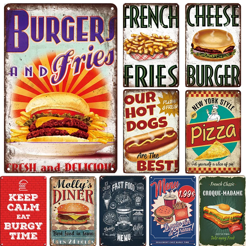 Fast Food Menu Burger Hot Dogs Pizza Time Retro Metal Sign Decoration Store Home Wall Decor Tin Vintage Metal Plate Poster