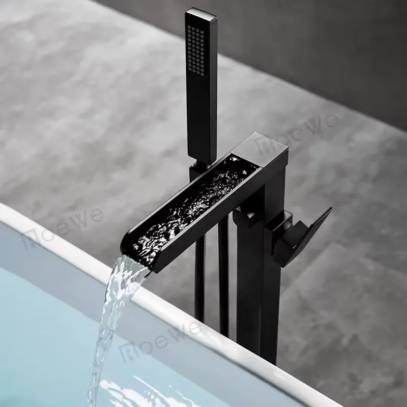 CUPC Approved Bathroom Stand Alone Shower Mixer Tap, Floor Mounted Free Stand Mixer Brass Body Black Freestanding Bathtub