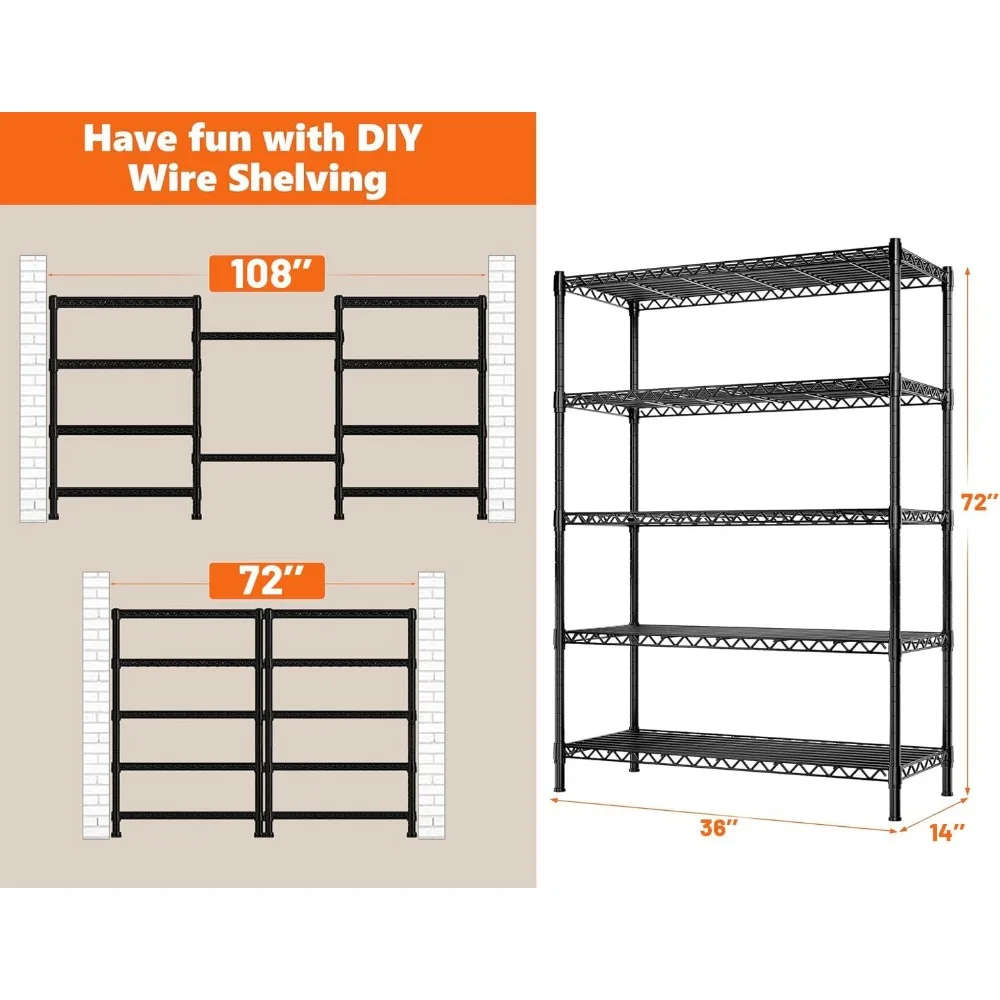 5-Shelf Wire Shelving,Storage Shelves Metal Shelves for Storage,72’’H Adjustable Garage Shelving Heavy Duty Storage