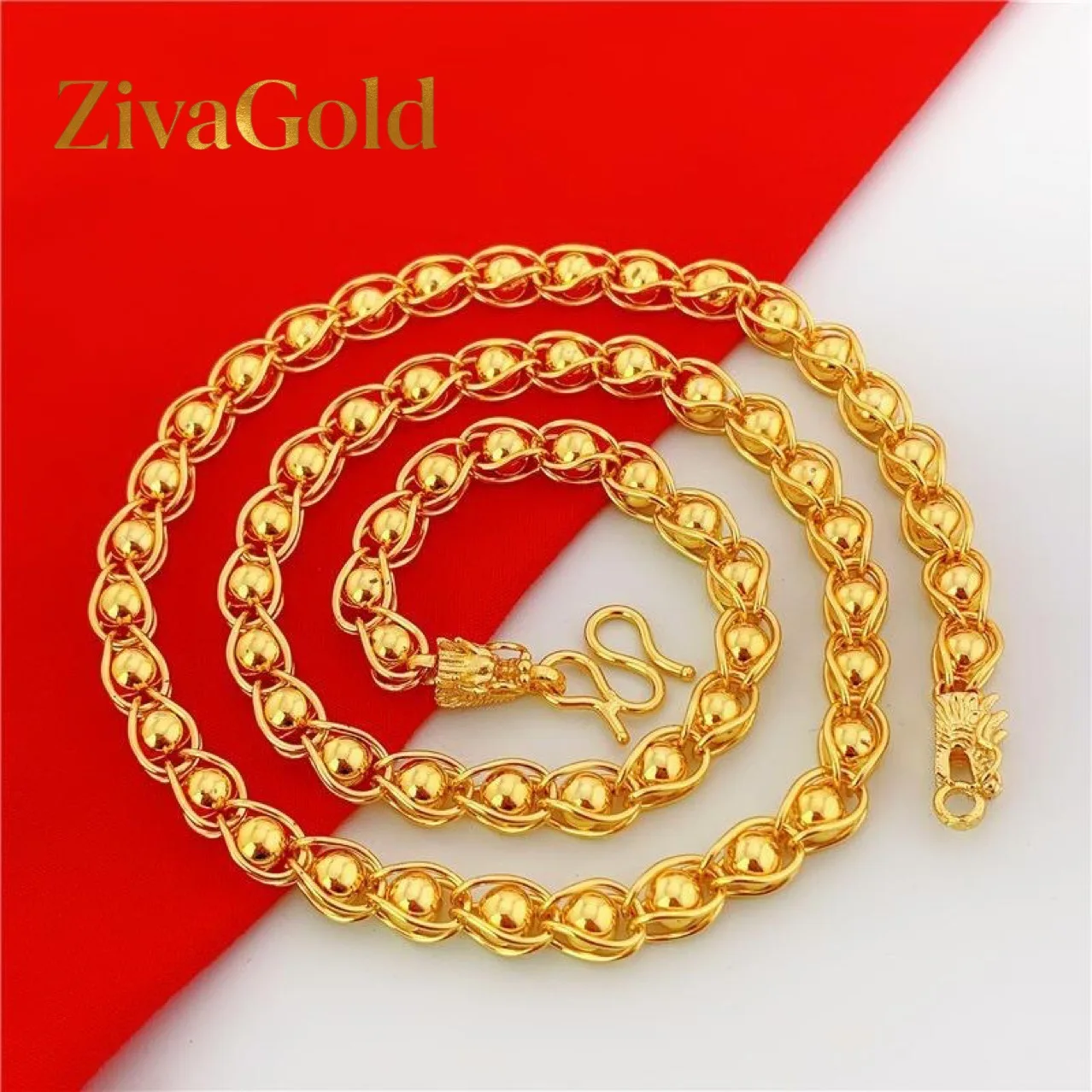 

ZivaGold Luxury 24K 9999 Pure Gold real gold Men's faucet solid smooth transfer round bead necklace