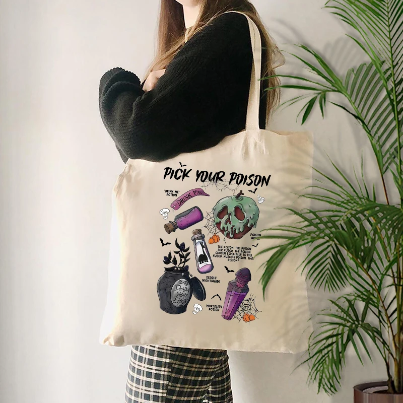 Pick Your Poison Printed Canvas Tote Bag Eco-friendly Reusable Shopping Bags Retro Casual Shoulder Bags New Halloween Party Gift