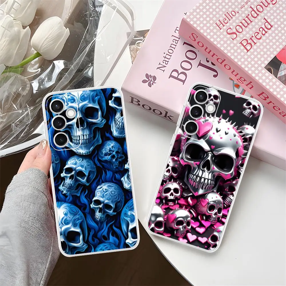Silver Skull Clear Mobile Phone Case for Samsung Galaxy S25 S24 S23 S22 S21Plus FE Ultra Colorful Cover