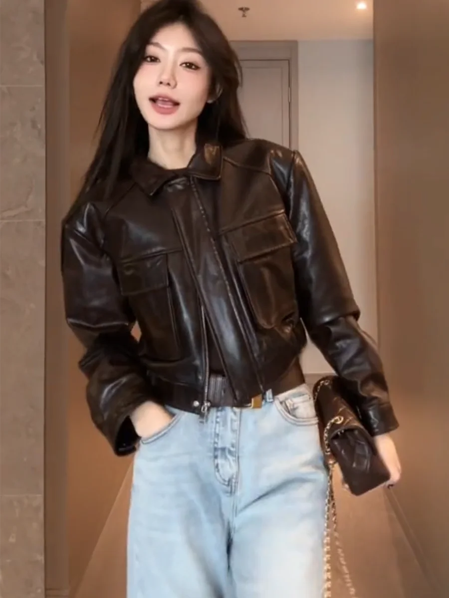 

Женская короткая куртка-косуха из натуральной овчины с молнией от Mrs. Chen, свободного кроя, повседневная, с длинными рукавами, для города