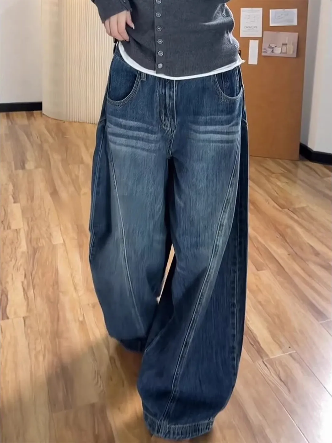 

Deep Blue Women's Jeans Loose Versatile Slimming Wide Leg Pants Casual Drapey High Waist Denim High Waist Four Seasons