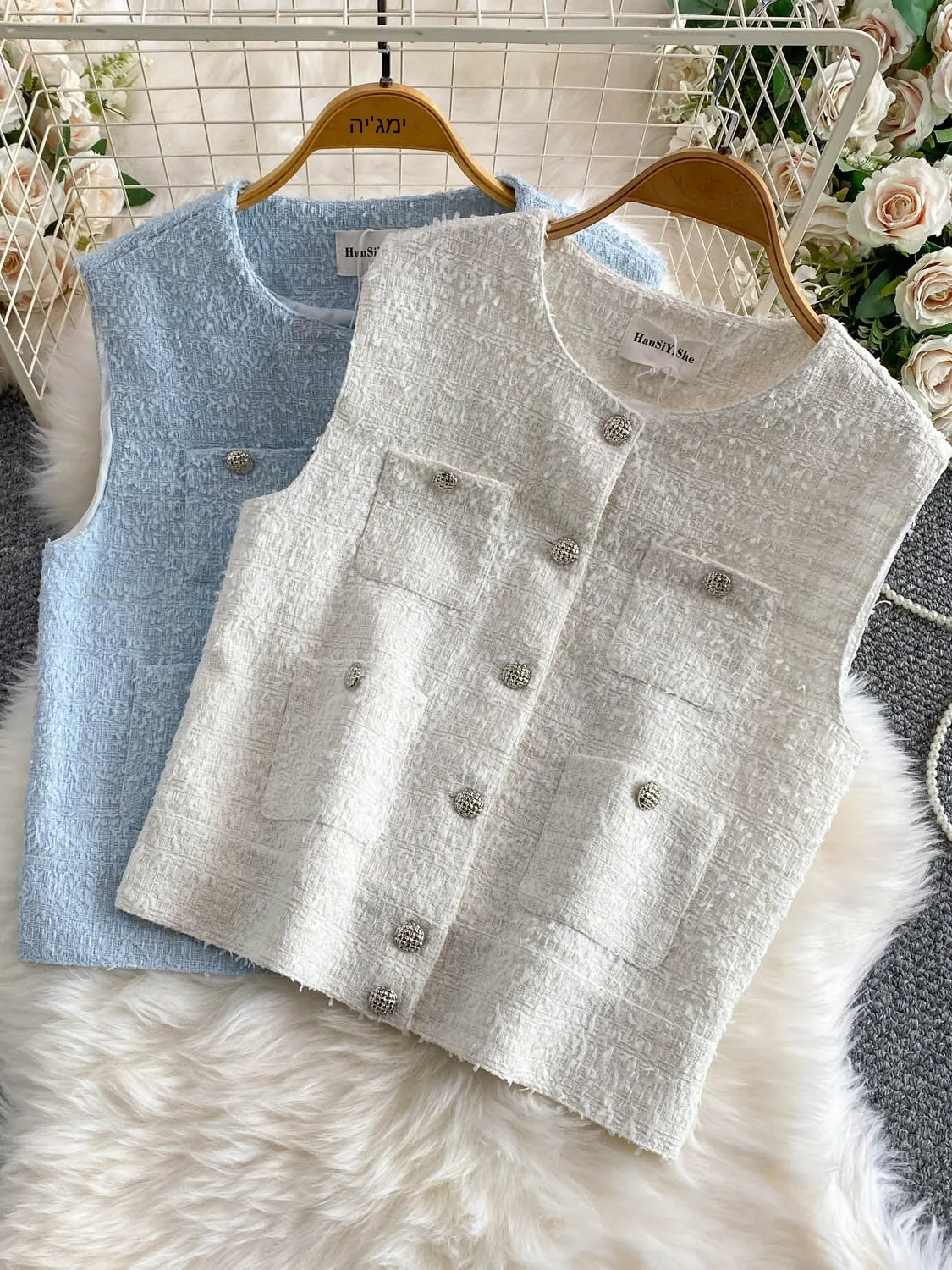 Korean Style Light Luxury Fringed Tweed round Neck Vest Jacket Women Gentle Lady Metal Buckle Top Thickened Summer Outerwear