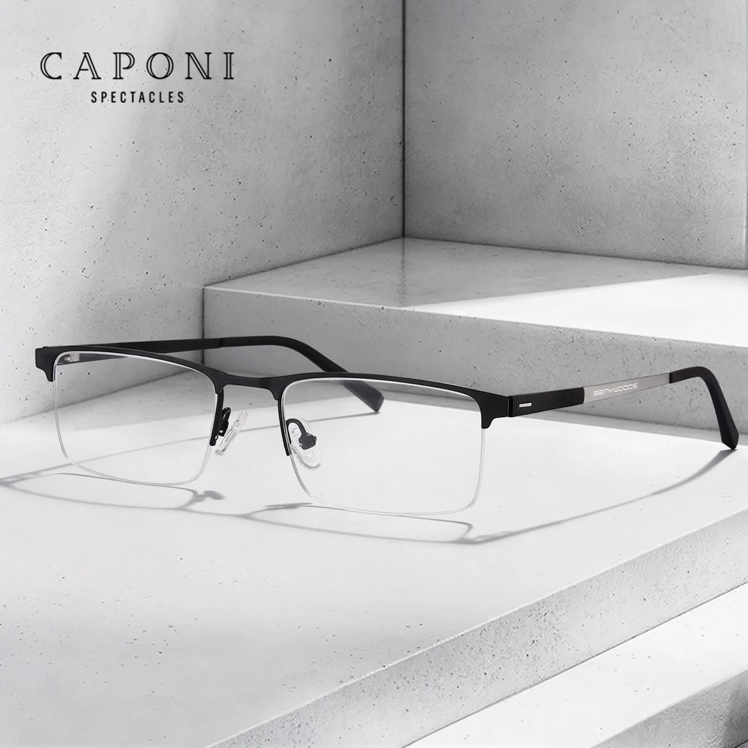 

CAPONI Computer Men's Glasses Business Style Half Frame Glasses Muti Usage Blue Light Blocking Photochromic Gray Glasses BF9860