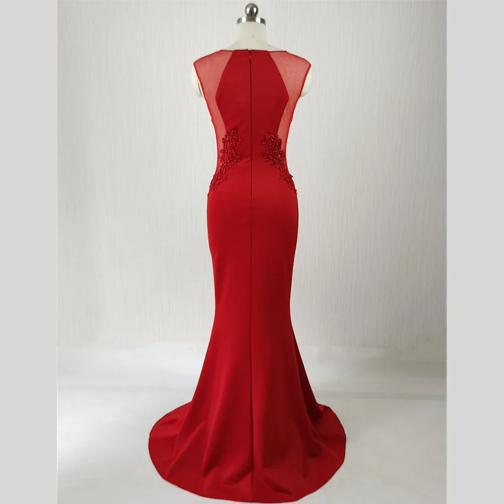 Robe de Soirée Personnalisée avec Perles Rouges Vin, Col Rond, en Fibre de Sirène, Longueur au Sol, Trompent, pour Femme, C188