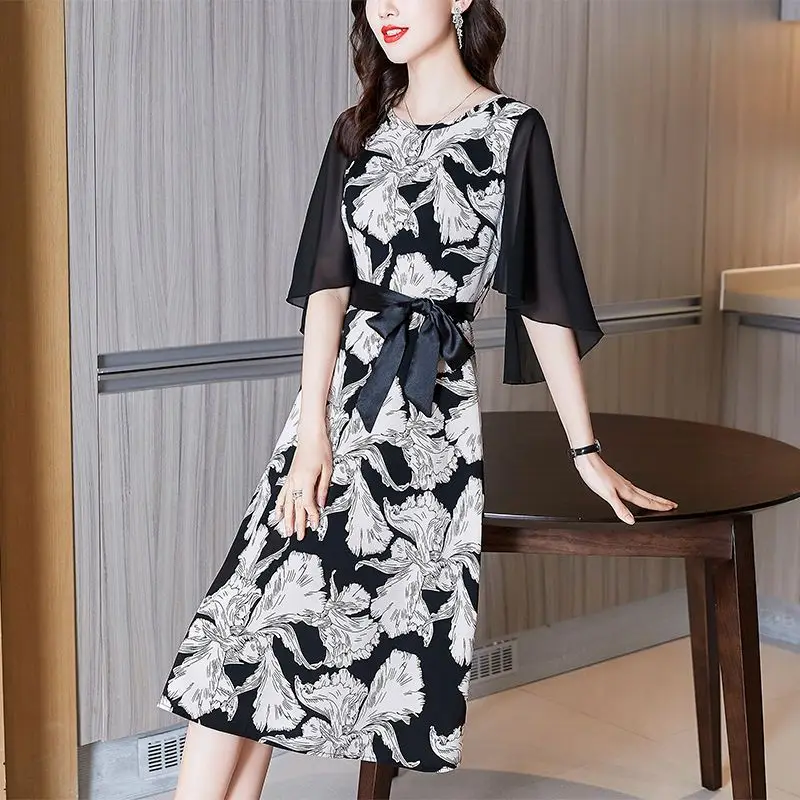 

Summer Vintage Printing Slim Short Sleeve Elegant Dress Women Clothing Temperament Patchwork O-neck Petal Sleeve Midi Dress Thin