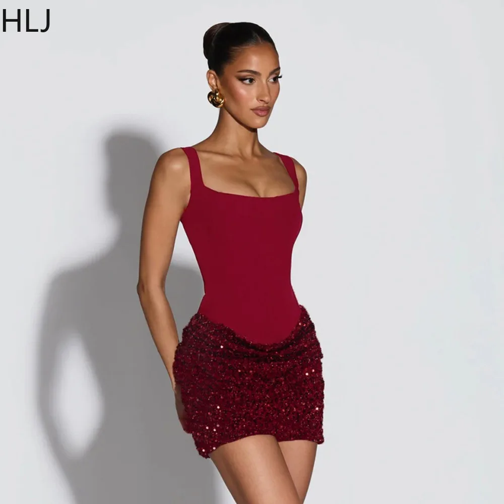 HLJ 봄 섹시 스팽글 패치워크 바디콘 드레스 여성 스파게티 스트랩 민소매 백리스 드레스 여성 파티 클럽웨어 베스티도스