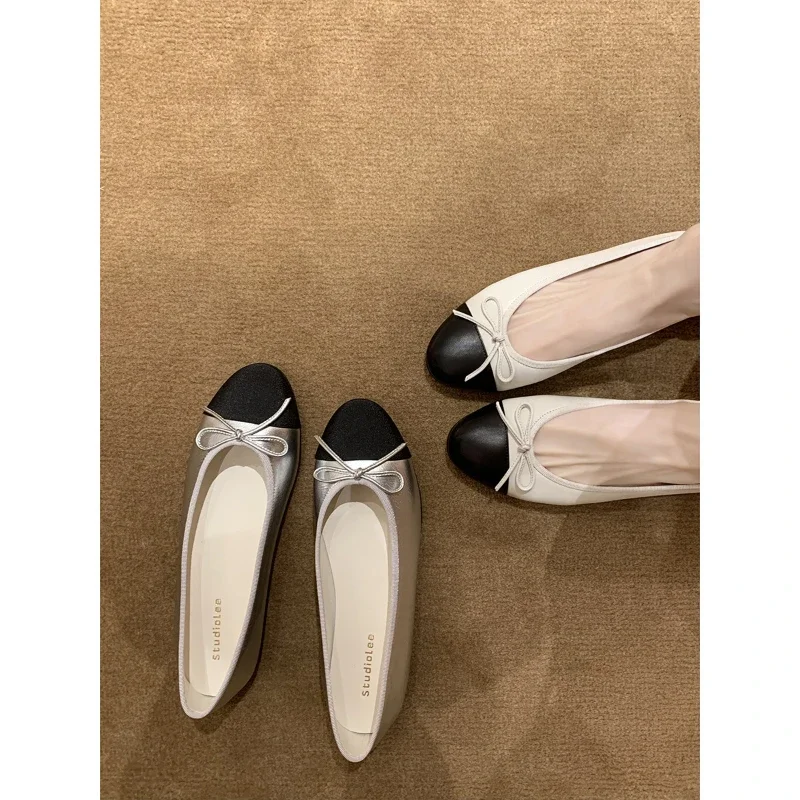 2024 French style single shoe small fragrant color patchwork bow flat bottomed round toe shallow mouth elegant ballet shoes