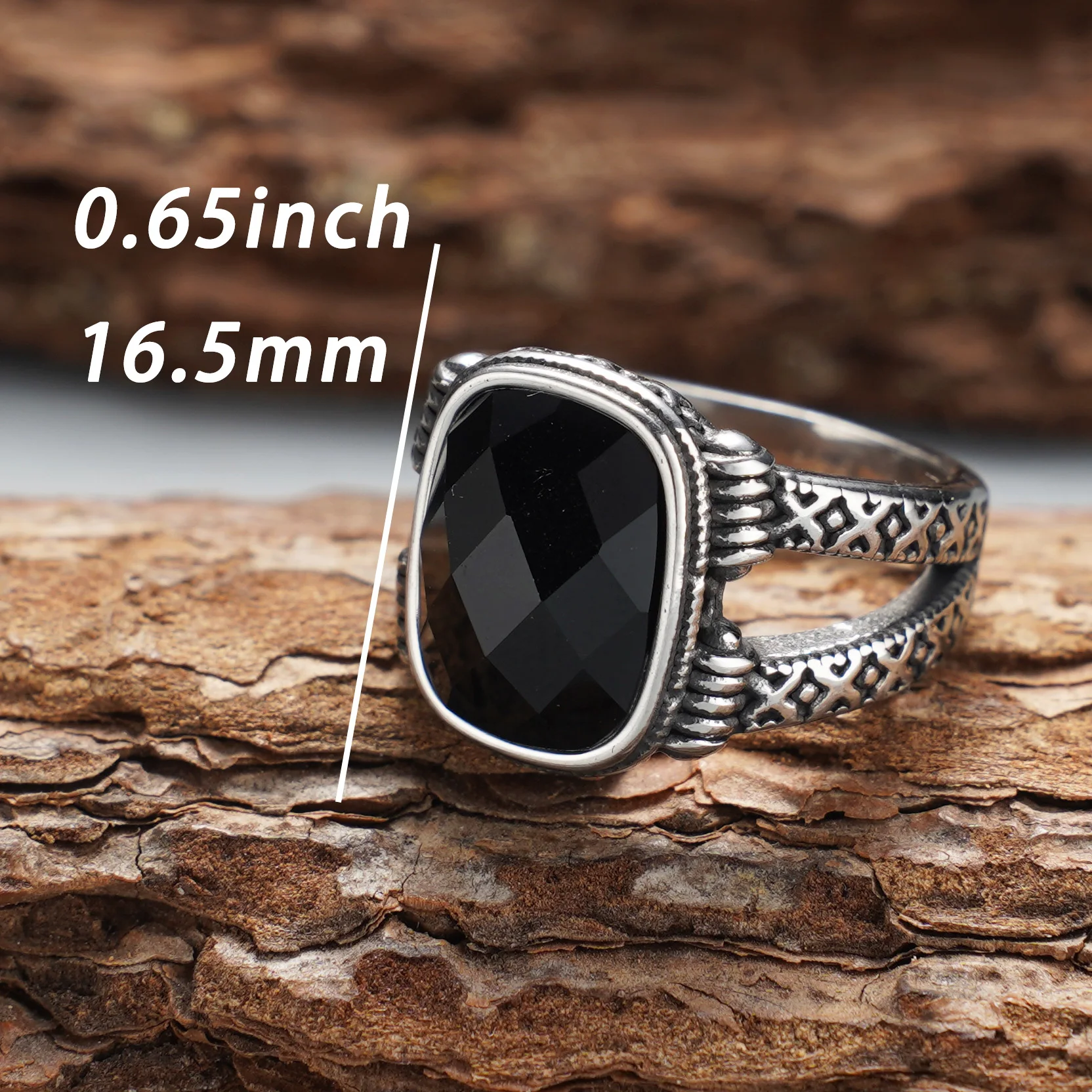 Vintage Geometrisch Geschnitzter 316L Edelstahl Herrenring Quadratischer Diamant Facettierter Schwarzer Onyx Gotischer Statement-Schmuck Geschenk – Detail 3