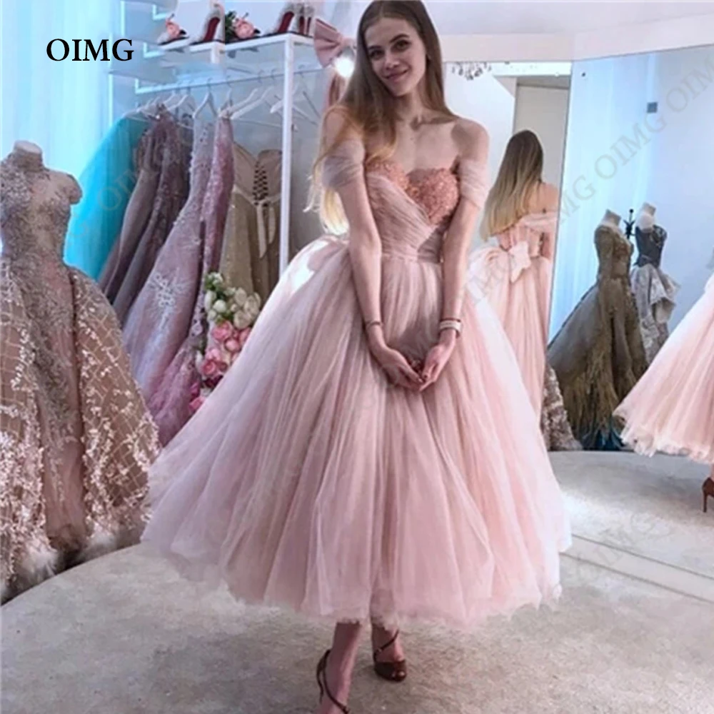 

OIMG Pink Tulle Formal Party Dress Glitter Short Off Shoulder Sparkly Evening Dresses A Line Occasions Gowns Vestidos De Fiesta