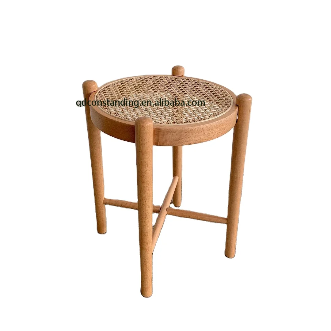 Factory OEM ODM Custom Solid Wood Sofa Round Wooden Nordic Small Cane Rattan Side Table