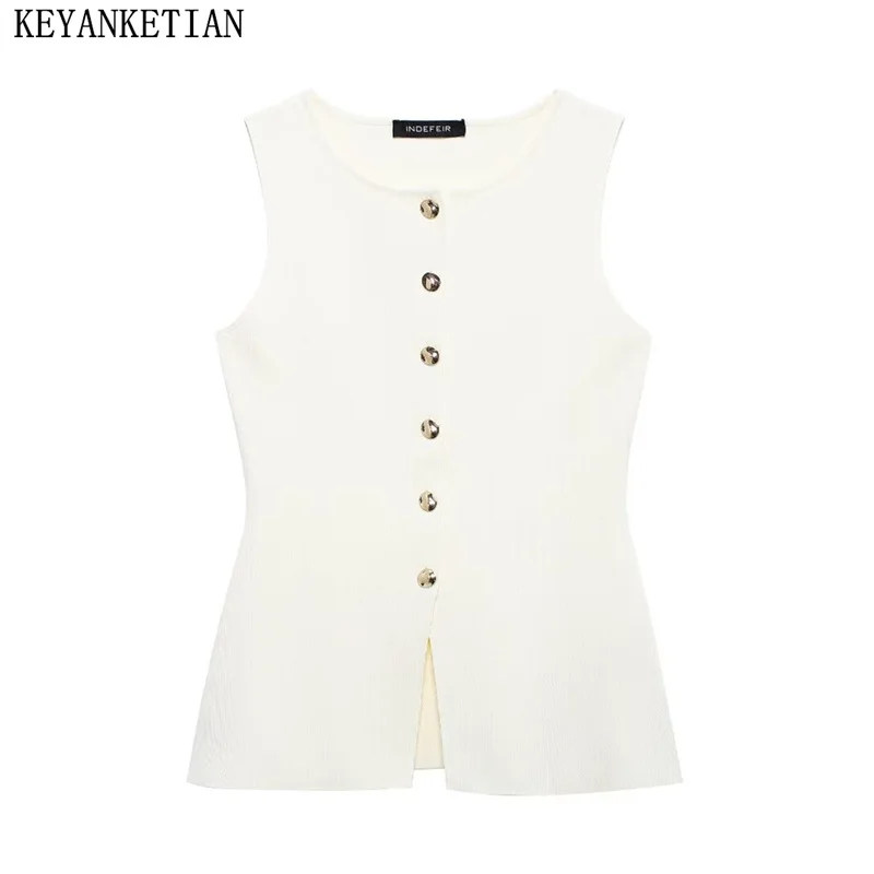 

KEYANKETIAN 2024 New Women Gold Single Breasted Knitted vest Autumn Office Lady Simply O-Neck Sleeveless Camisole Slim Knitwear