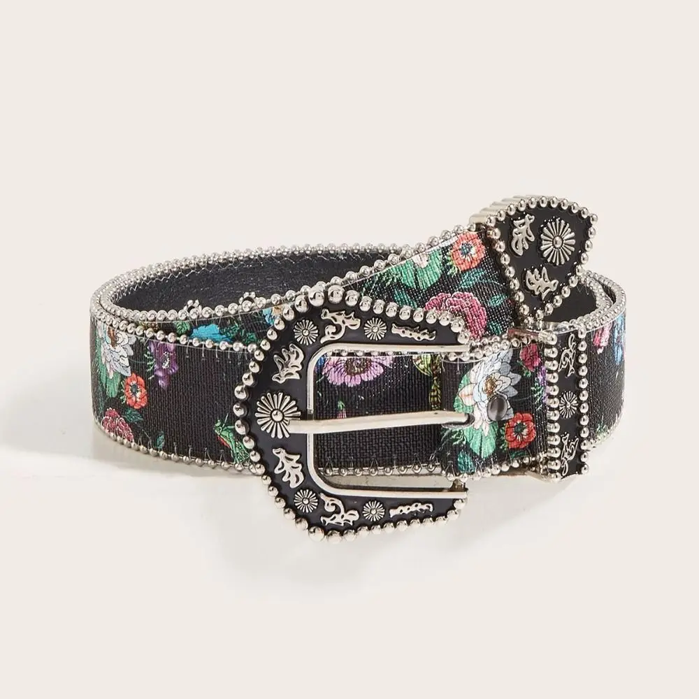 Adjustable Flower Floral Belt Korean Style Printed PU Leather Waistband Jeans Trouser Decor Dress Decor Retro Waistband Daily