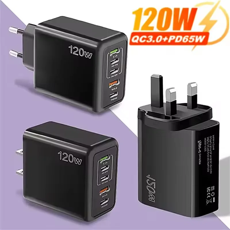 120W Fast Charger USB C Multi Ports PD Quick Charge 3.0 Wall Phone Adapter for iPhone Samsung Huawei Xiaomi Devices ﻿