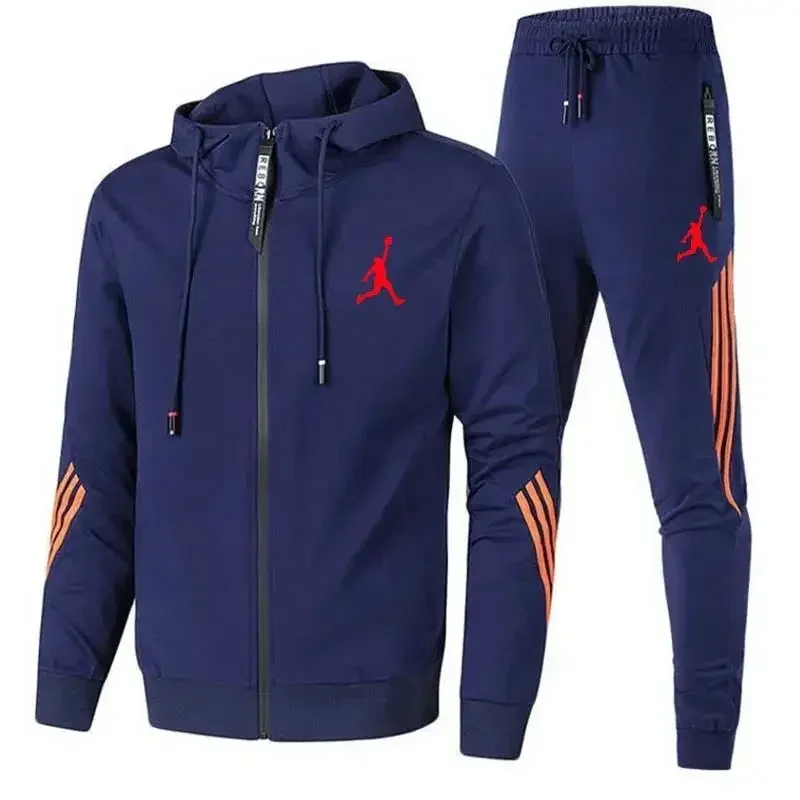 Spring and Autumn 2025 New Men's casual sportswear set, fashionable outdoor zippered hooded jacket + trousers two-piece set
