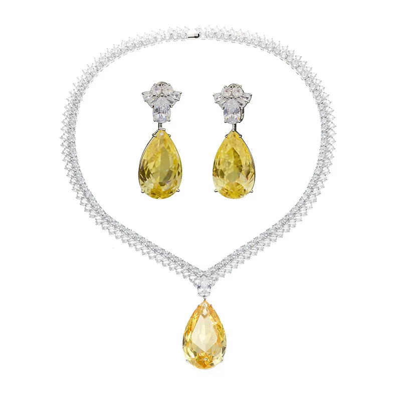 

Ювелирный набор из кубического циркония 3А, крупные подвески в форме капли, позолоченные, роскошные свадебные серьги и колье для свадеб, вечеринок и банкетов