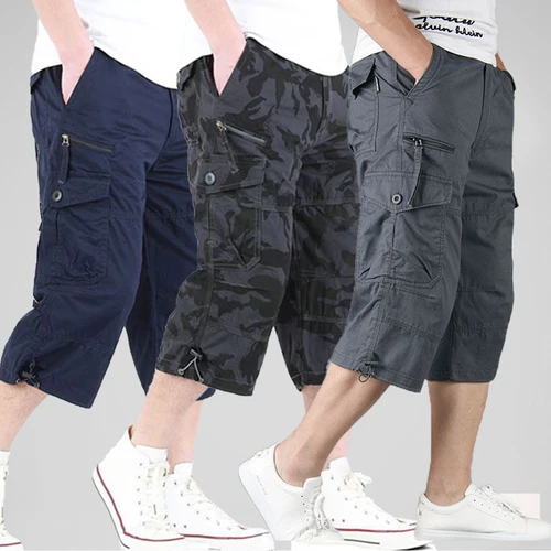 Pantalones cortos Cargo 100% de algodón para hombre, pantalones informales sueltos de Color sólido, cintura elástica, pantalones cortos multibolsillos de talla grande para exteriores para primavera y verano
