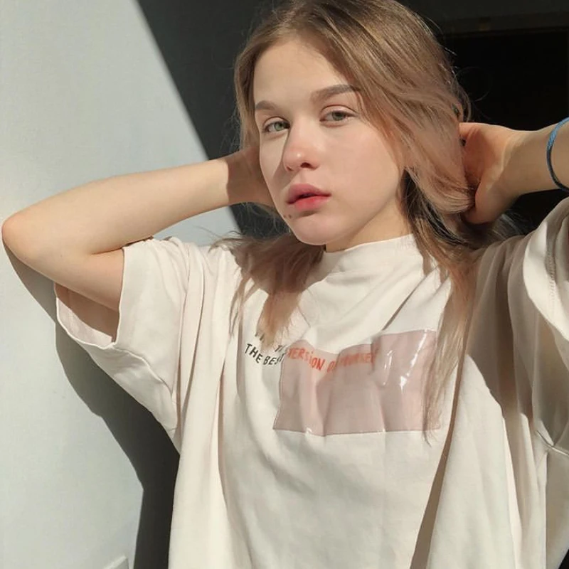 Retro American Light Tangerine Color Women's T-shirt Short Sleeve Loose Fit Summer Trendy Street Style round Neck Top