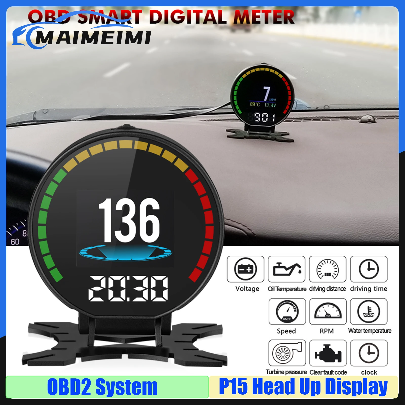 

P15 HUD OBD2 Smart Head-up Display Speedometer Turbo Boost Pressure Oil Water Thermometer Digital OBD2 Diagnostic Warning System