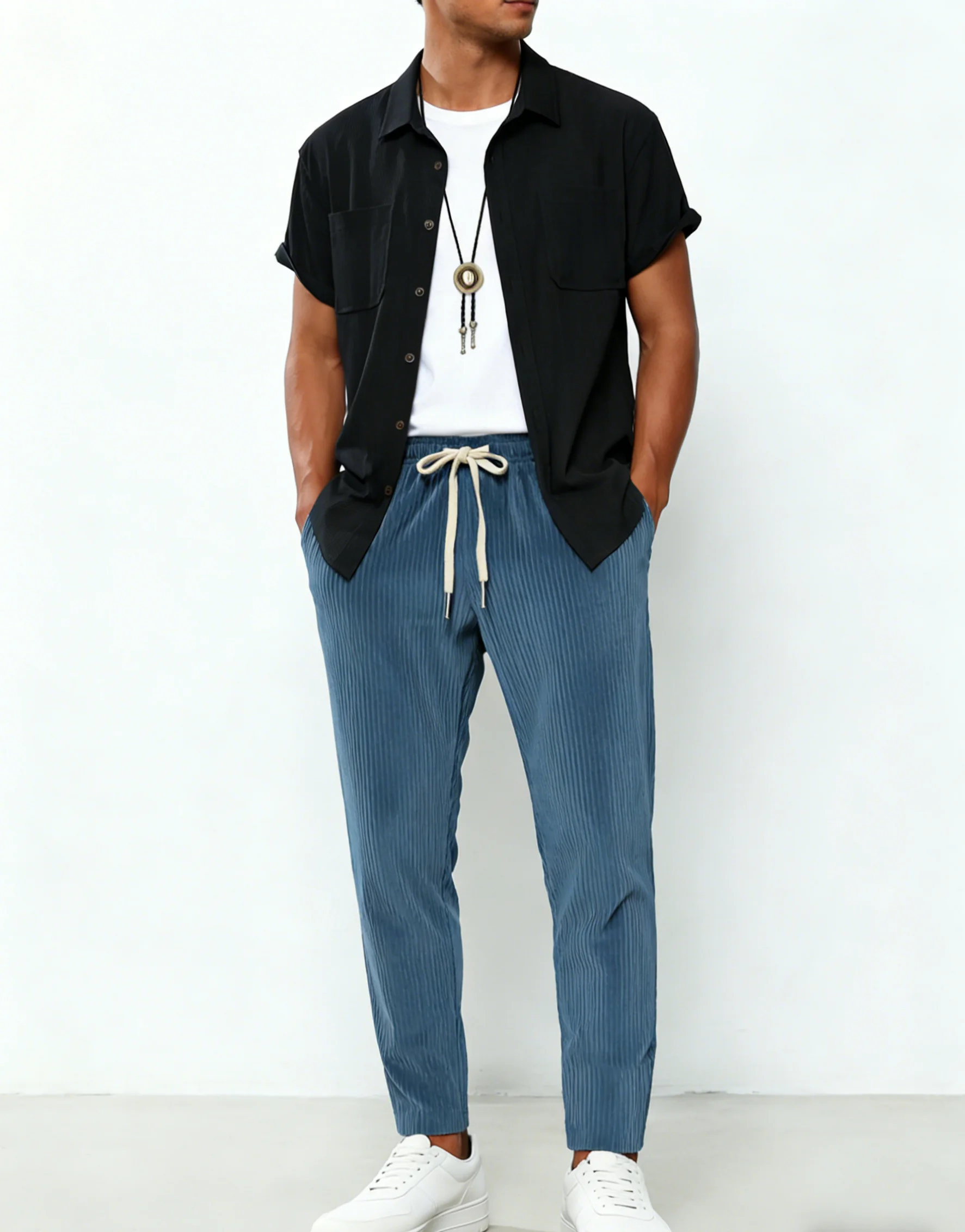 

Summer Men's Casual 2 Piece Set Black Short Sleeve Shirt + Blue Striped Drawstring Trousers Beach Vacation Outfit