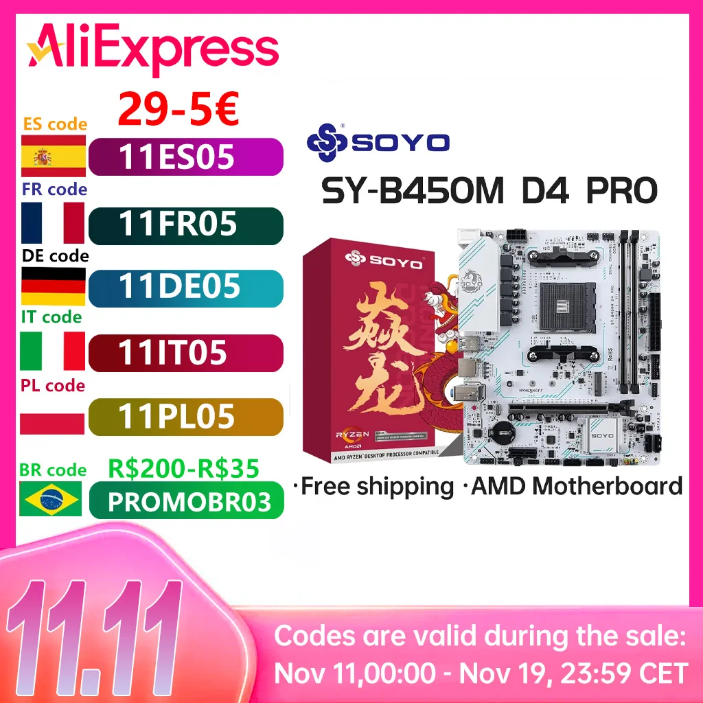 

Новая материнская плата SOYO AMD B450M, двухканальная память DDR4, материнская плата AM4 PCI-E 3.0 NVME (подерживает процессор Ryzen 1000-5000 5600 5600G)