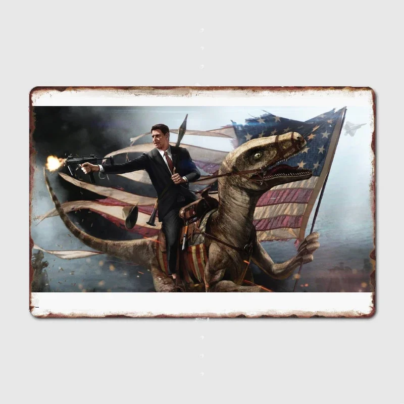 Vintage Reagan Riding a Velociraptor Metal Signs Cinema Living Room Club Bar Vintage Wall Decor Tin  Posters