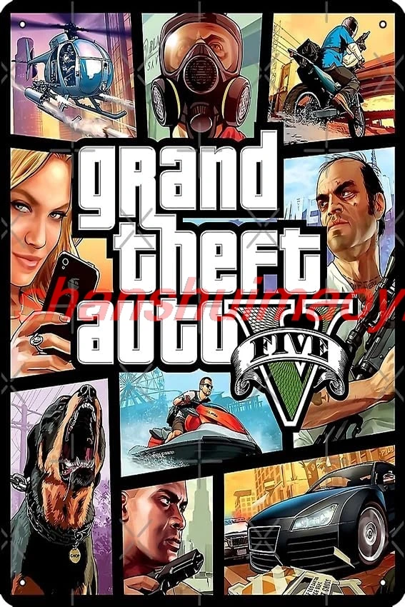 The Original GTA 5 Poster 8 x 12 Inch Funny Metal Tin Sign Game Room Man Cave Wall Decor ASC