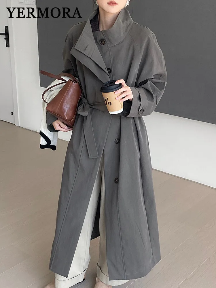 

YERMORA Gray Belted Button Casual Trench For Women Lapel Long Sleeve Loose New Windbreaker Fashion Tide Spring Autumn 2025