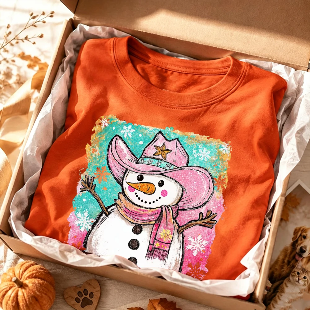 Western Cowboy Snowman Pink Hat Christmas Print Women Retro Country Xmas Holiday Snowflake Short Sleeve Festive Winter Top
